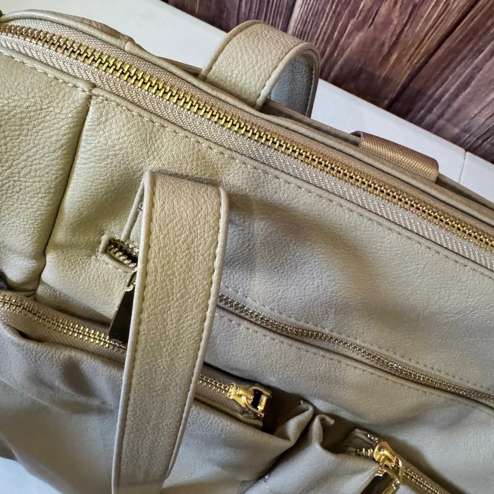 Miss Fong Diaper Bag Backpack Women OS Grey Vegan Leather Convertible Tote Gold